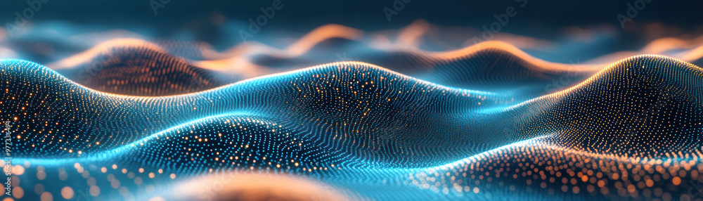 Poster abstract digital wave pattern with glowing blue and orange dots creating a futuristic, dynamic lands