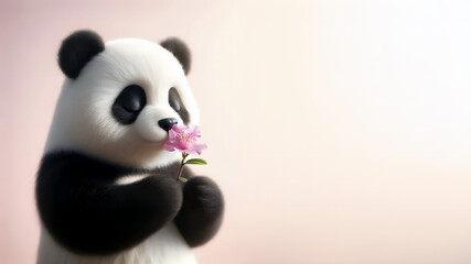 Nature’s Love, Panda Bear with a alpine azalea flower flower, Soft Pastel Banner