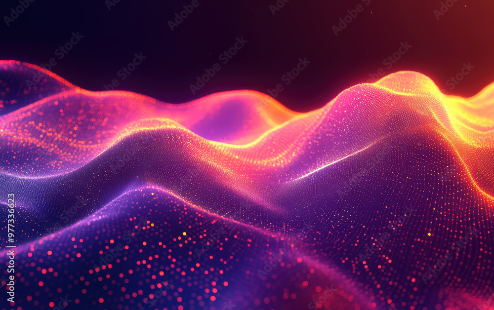 Poster a vibrant, futuristic digital landscape with flowing waves of neon light, creating a mesmerizing and