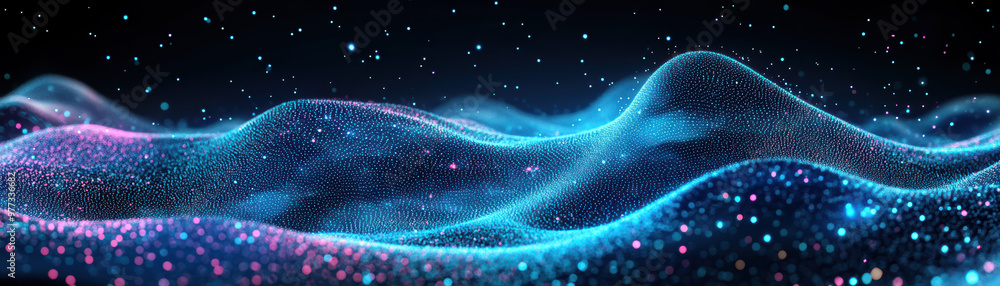 Poster abstract digital landscape of neon blue and pink waves with particles creating a futuristic and dyna