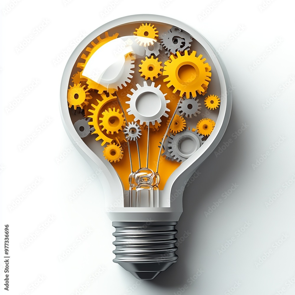 Poster creative lightbulb with gears representing innovation, technology, and mechanical engineering concep