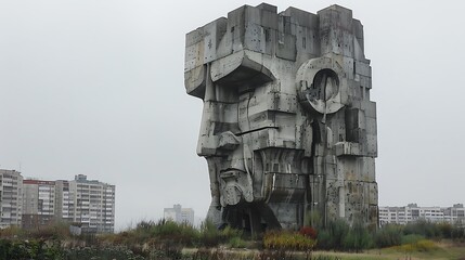 Abandoned Soviet-era monument, brutalist sculpture: A towering, brutalist sculpture stands as a stark reminder of the Soviet era, its cold concrete forms now weathered and abandoned. 
