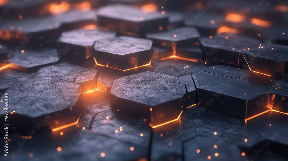 Poster a layered 3d hexagonal grid floating in space with soft glowing lights between layers.