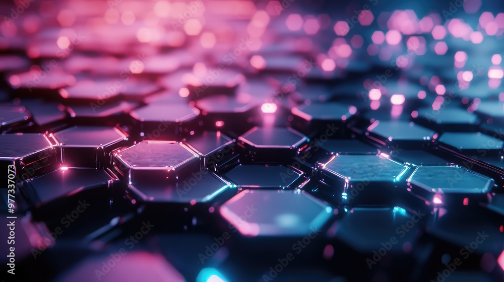 Poster a layered 3d hexagonal grid floating in space with soft glowing lights between layers.