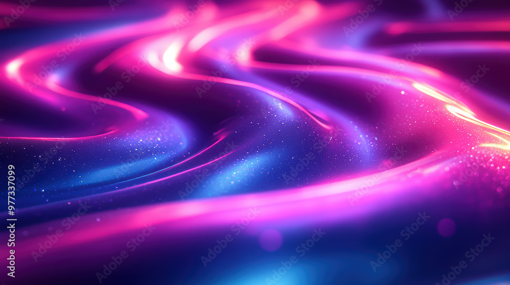 Poster vibrant abstract background with flowing neon waves and shimmering particles, creating a mesmerizing