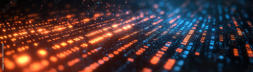 Poster abstract technology background with glowing blue and orange binary code. digital data flow, futurist