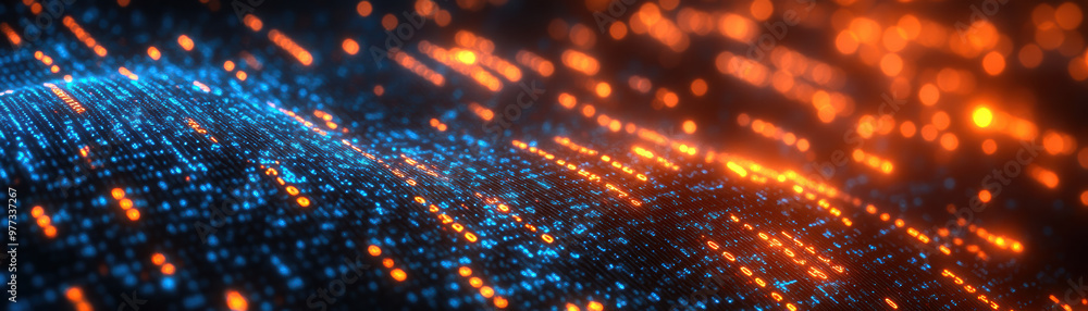 Aufkleber futuristic digital landscape with glowing blue and orange data particles in a wave pattern on a dark