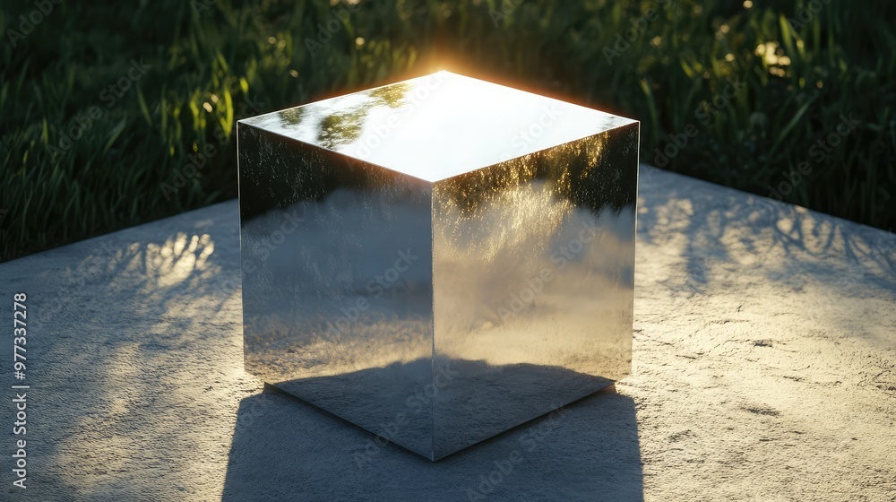 Poster a rotating 3d cube, with each face a mirror reflecting different angles of light.