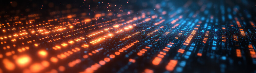 Obraz premium Abstract technology background with glowing blue and orange binary code. Digital data flow, futuristic concept, and cybersecurity theme.