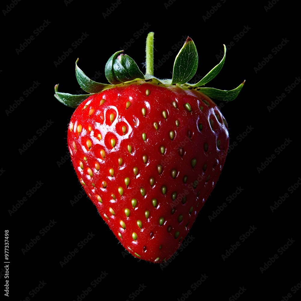 Wall mural 247. a single ripe strawberry isolated on a pristine black background