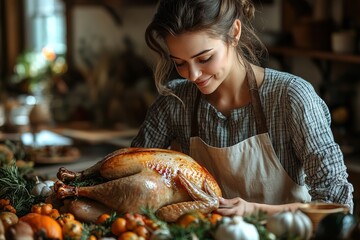 Woman taking turkey out of oven on a kitchen background. Roasted, traditional turkey cooking. Christmas turkey. A woman takes a festive chicken or turkey out of the oven on Thanksgiving day
