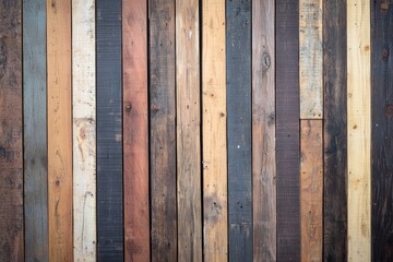 A rustic wooden wall featuring a mix of colors and textures, perfect for backgrounds and design projects.