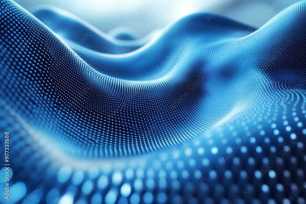 Poster abstract blue digital landscape with flowing waveforms and light patterns conveying futuristic techn