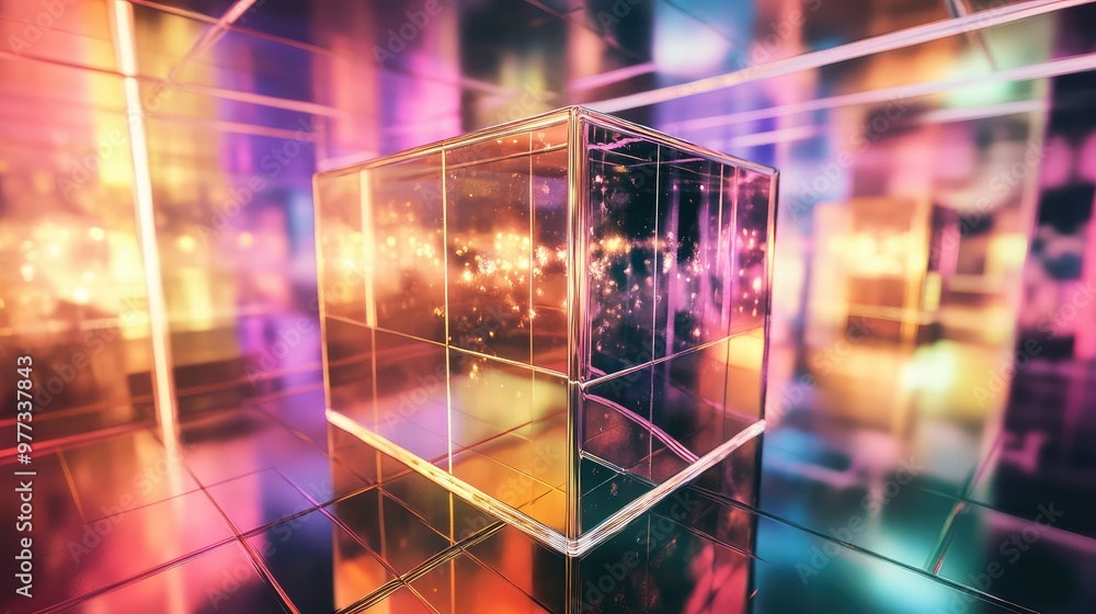 Poster a rotating 3d cube, with each face a mirror reflecting different angles of light.