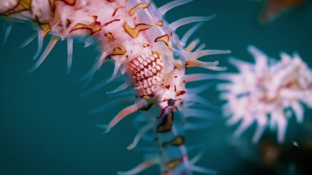 2 colorful ghost pipefish in tropical coral reef, close-up of eyes stomach underwater macro, Philippines, Asia