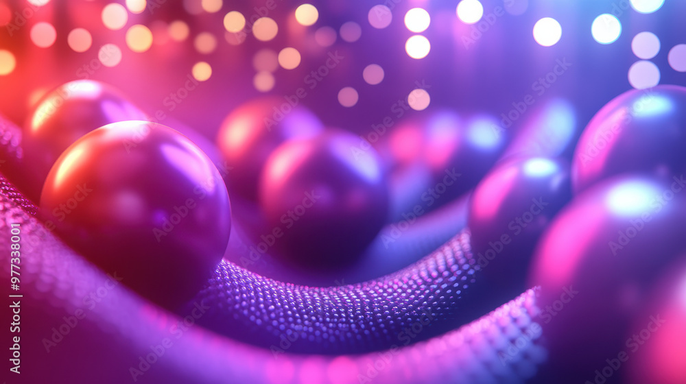Poster abstract macro image of smooth spheres on a textured surface with vibrant lights in the background, 