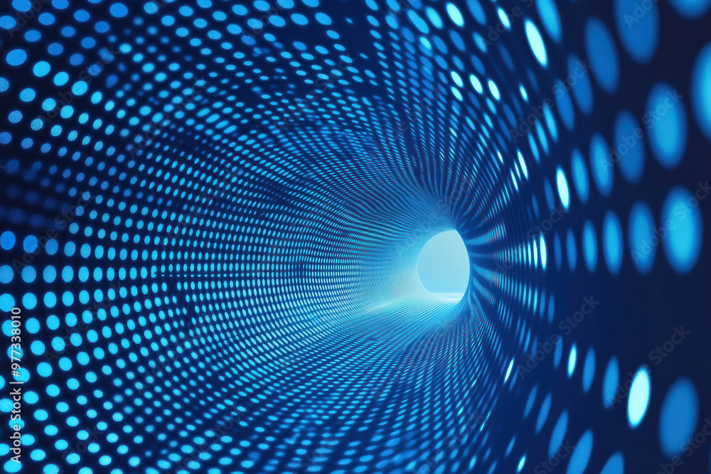 Poster abstract view of a futuristic tunnel with blue illuminated dots creating a sense of depth and moveme