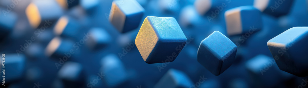 Poster floating blue cubes in a futuristic space with a glowing effect and abstract background, creating a 