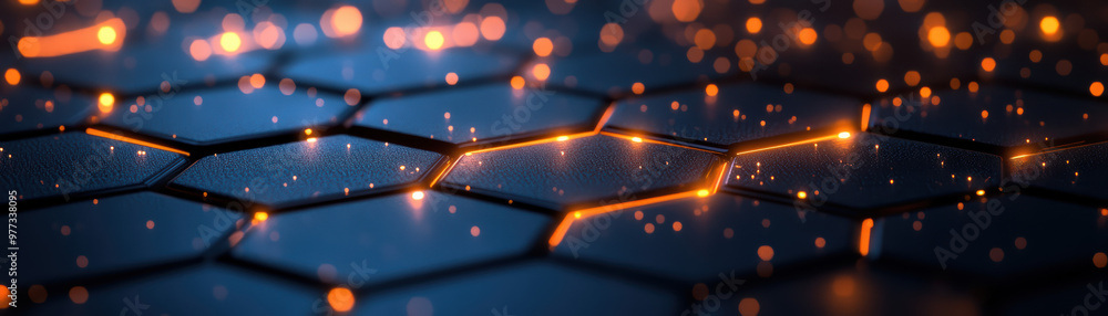 Poster abstract hexagonal grid with glowing orange lights on a dark surface, futuristic digital technology 