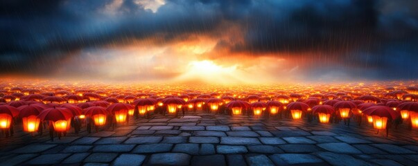 Fototapeta premium A serene landscape featuring glowing lanterns against a dramatic sunset, creating a tranquil and ethereal atmosphere.