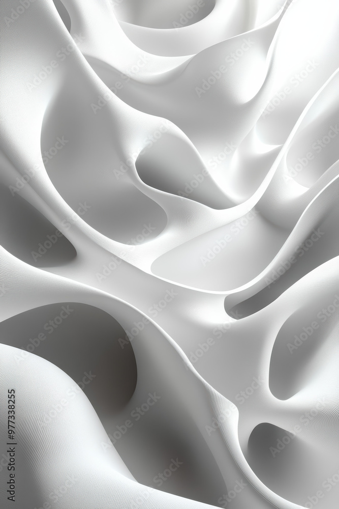 Poster an abstract image featuring smooth, flowing white fabric creating elegant curves and dynamic forms, 