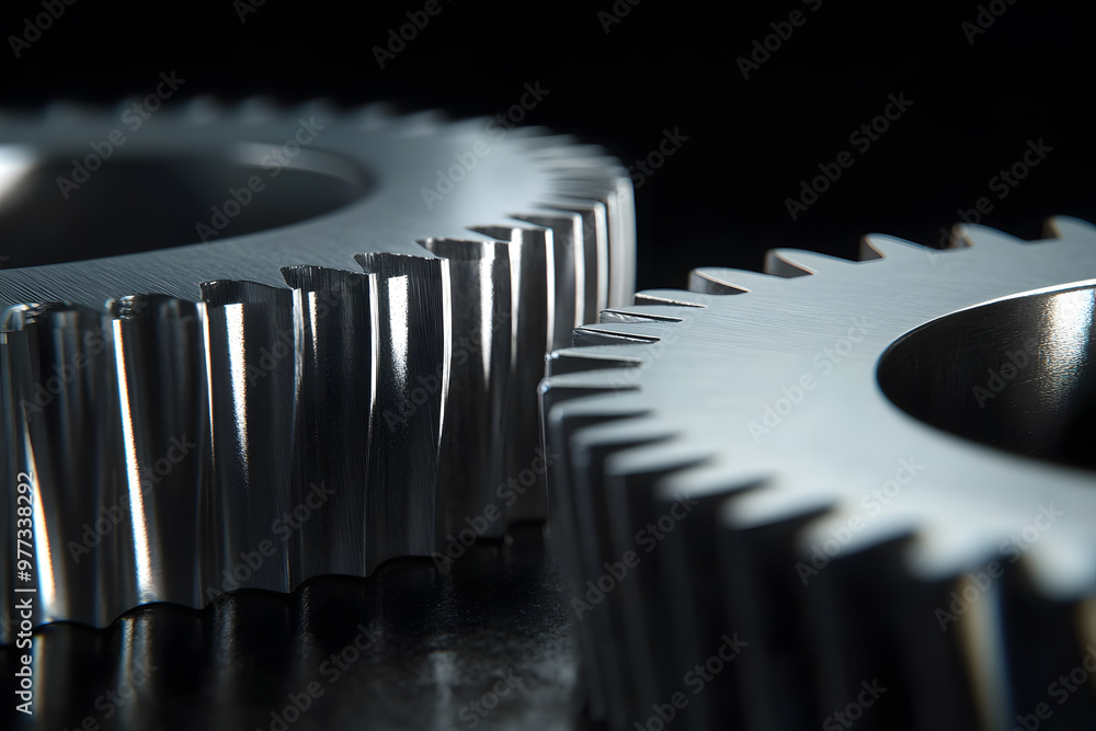 Poster highly detailed close-up of two interconnected gears | precision engineering and mechanical design