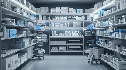 A high-resolution image of a modern medical equipment supply room, featuring neatly organized shelves filled with various essential medical tools and devices.