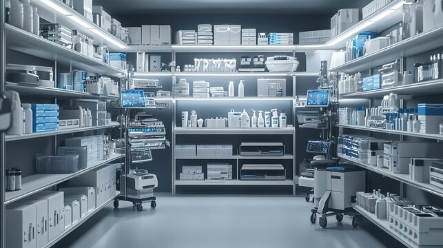 A high-resolution image of a modern medical equipment supply room, featuring neatly organized shelves filled with various essential medical tools and devices.