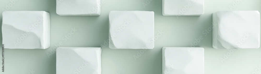 Poster abstract of white cubes with textured surfaces arranged on a light background, creating a minimalist