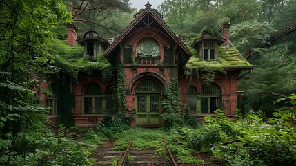 Abandoned Art Nouveau railway station reclaimed by nature: An ornate Art Nouveau railway station, once bustling with life, now stands overgrown with vines and foliage, a haunting blend of decay 