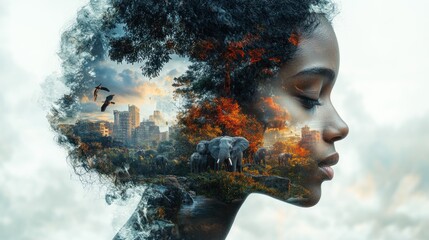 Fototapeta premium Woman with Nature and Cityscape Double Exposure