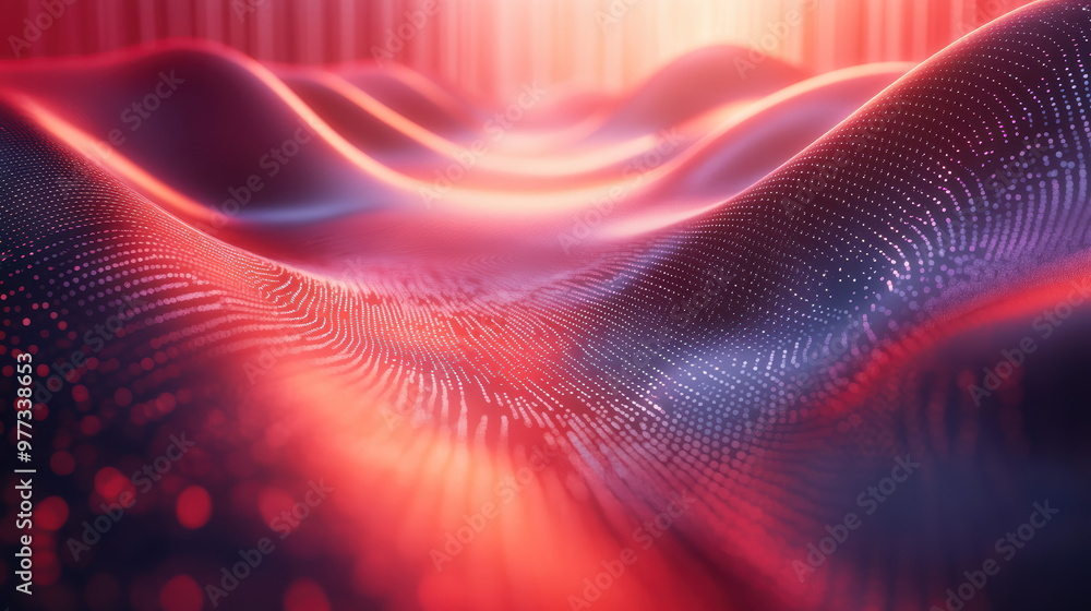 Poster vibrant abstract digital landscape featuring flowing waves of light and shadow in red and purple hue