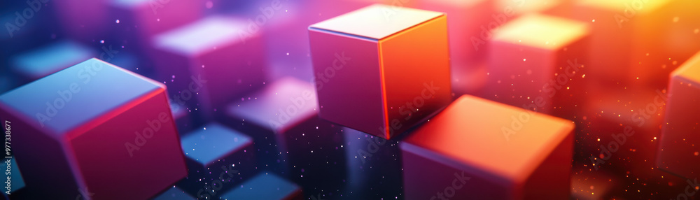 Poster abstract of colorful cubes floating in a futuristic digital space, with glowing lights and a dynamic
