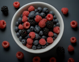 raspberries and blueberries, berries in a bowl, raspberries and blueberries in a bowl