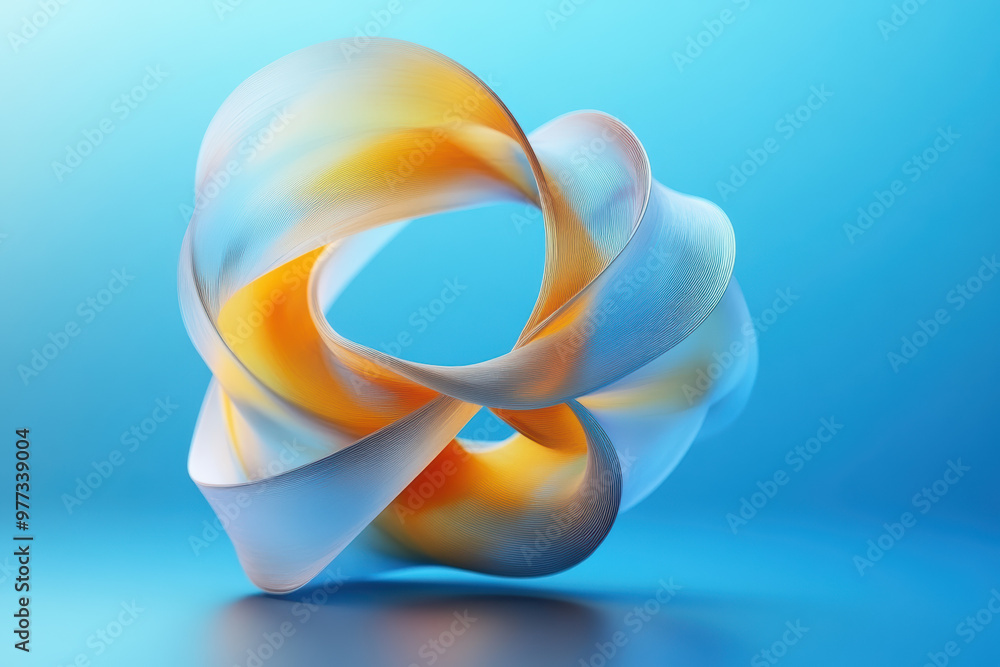 Poster abstract of a twisted, colorful form set against a vibrant blue background. a dynamic, fluid structu