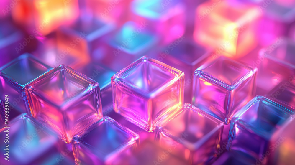 Poster vibrant neon cubes with glowing colors create a mesmerizing abstract pattern. perfect for digital ar