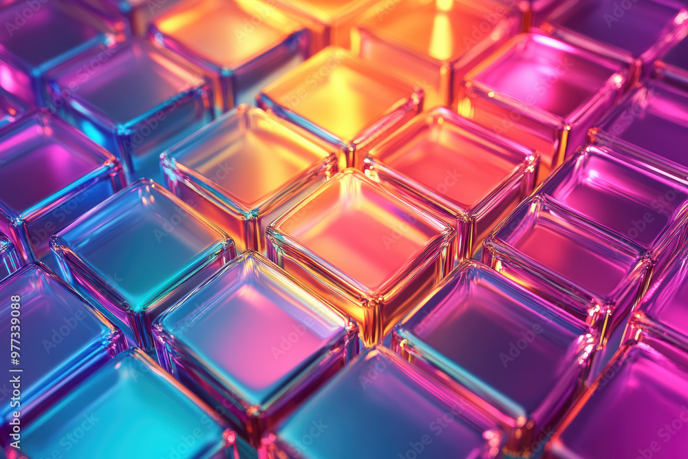 Poster vibrant multicolored glass squares illuminated with bright light, creating an abstract pattern that 