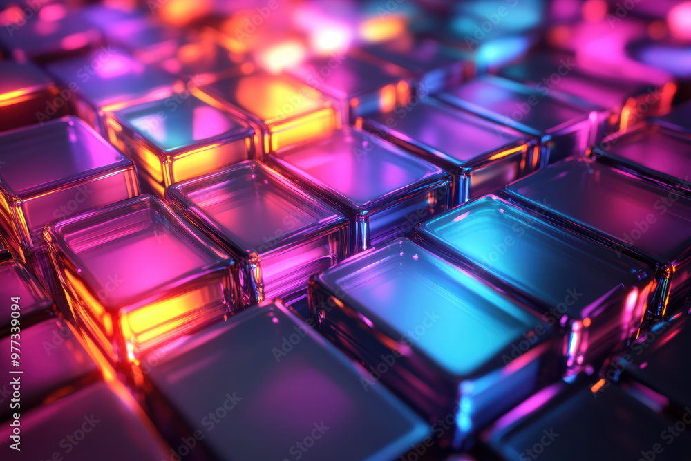 Poster colorful abstract geometric pattern with glowing squares, creating a vibrant and futuristic design r