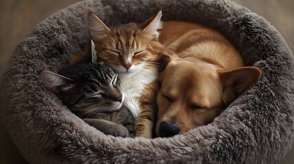 Cat and Dog in a Pet Bed: A cat and dog cuddled up in a plush pet bed, enjoying a peaceful nap.
