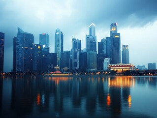 Fototapeta premium A stunning city skyline at dusk reflecting on the calm water, showcasing modern architecture and vibrant city lights.