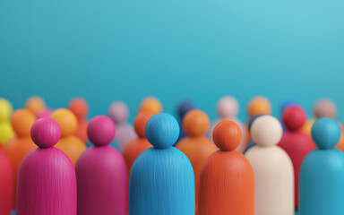 Vibrant multicolored wooden figurines arranged against a blue backdrop, symbolizing diversity, community, and unity.