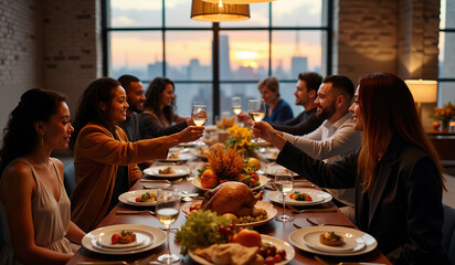 An elegant, modern Thanksgiving dinner set in a chic, urban loft with exposed brick walls and large industrial windows