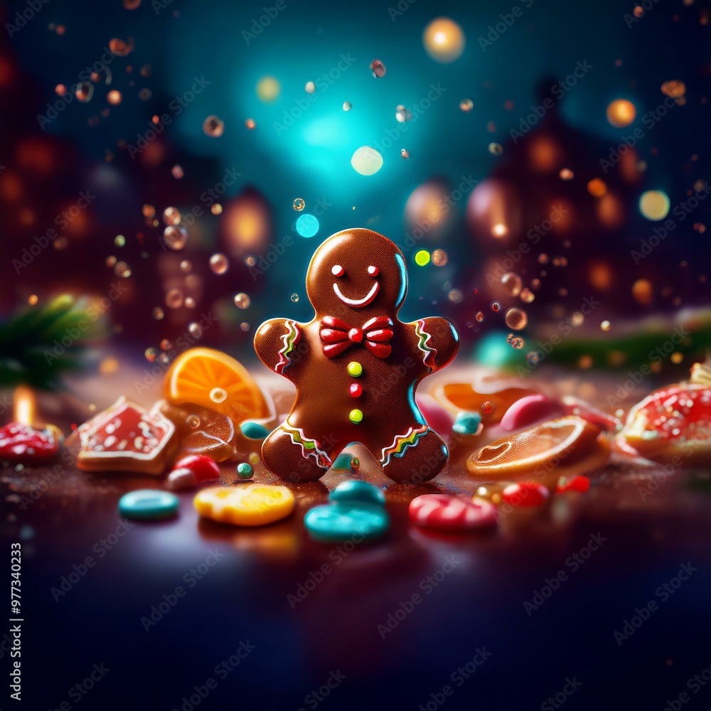 Poster A gingerbread man with a red bow tie smiles as he stands on a table with assorted candies and cookies.