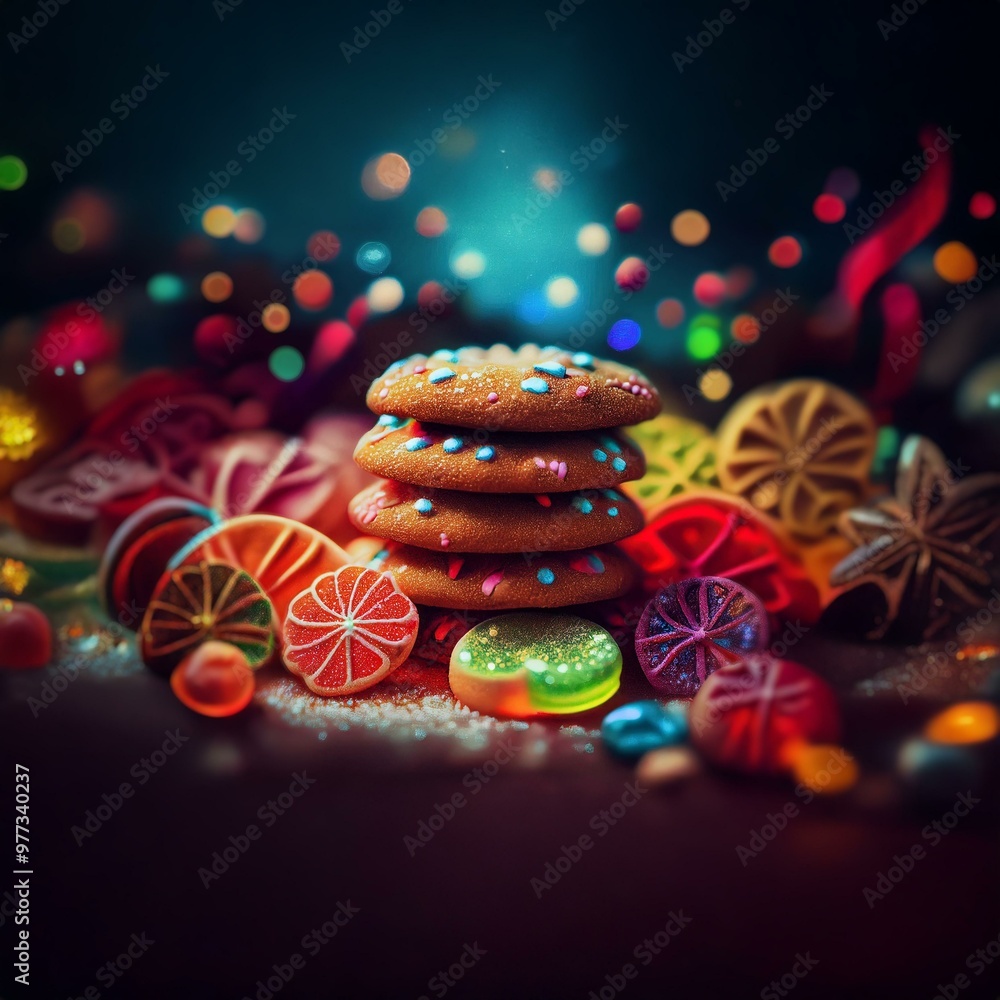 Poster A stack of three cookies with colorful sprinkles sits on a dark surface surrounded by colorful candies and blurred lights.