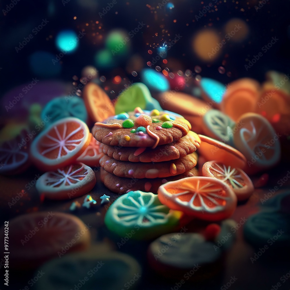 Poster A stack of cookies topped with colorful candies, surrounded by various candies shaped like orange slices, with a bokeh effect in the background.