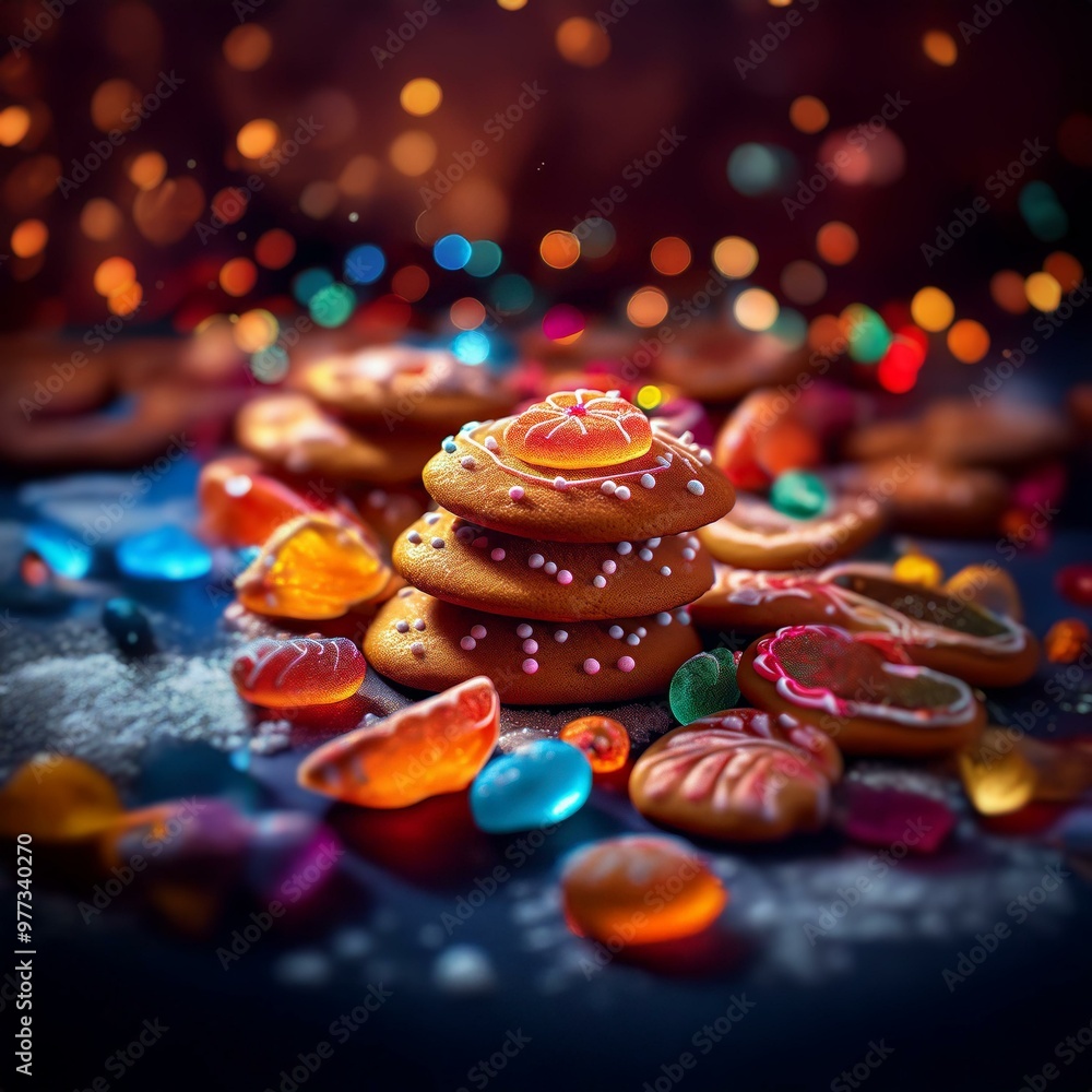 Aufkleber A stack of cookies with colorful candy on a dark surface, with colorful bokeh lights in the background.