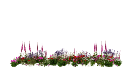 Floral Border with White, Pink, and Purple Flowers and Green Foliage