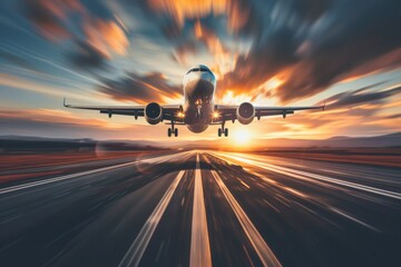 Naklejka premium Airplane and road with motion blur effect at sunset. Landscape with passenger airplane is flying over the asphalt road and cloudy sky. Commercial plane is landing. Aircraft with blurred background