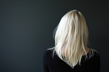 Naklejka premium Blonde woman with long hair in black clothes, graphed from behind against a dark background.