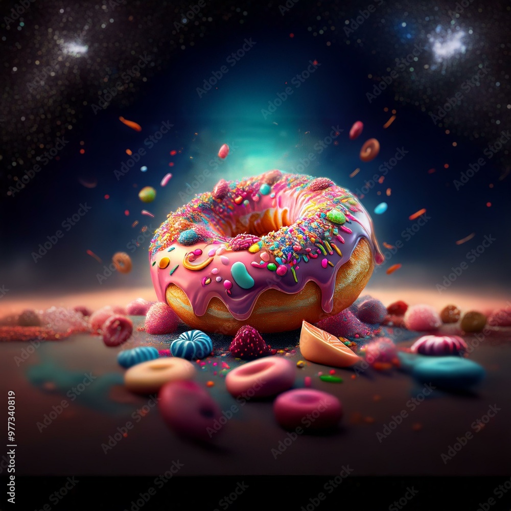 Poster A glazed donut with colorful sprinkles and candies in front of a starry night sky.